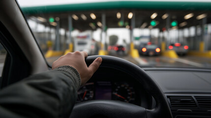 Point-of-view shot of a driver approaching a toll booth in daylight traffic.  
