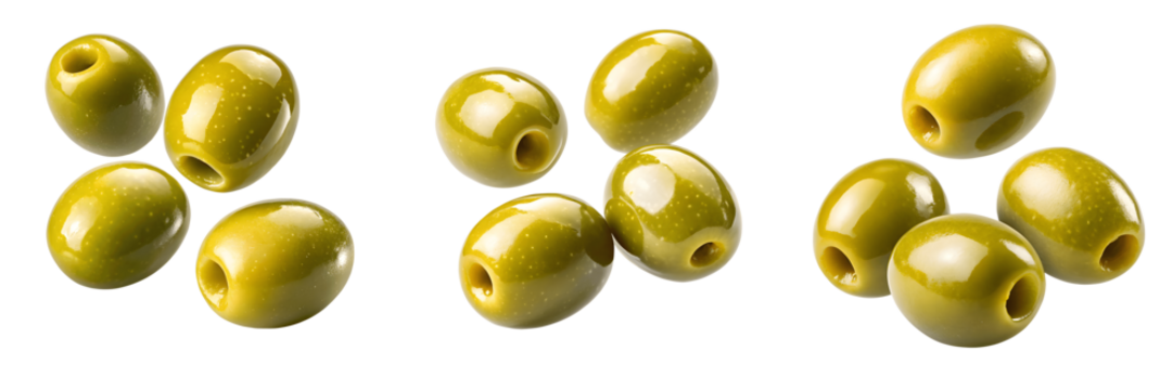 Set For Three green olives isolated on transparent background are displayed
