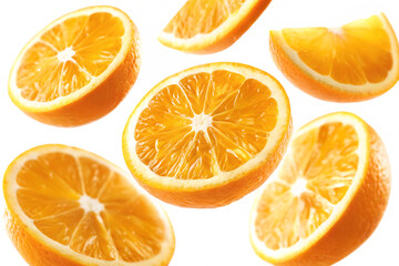 Juicy orange slices falling on white background isolated on a transparent background