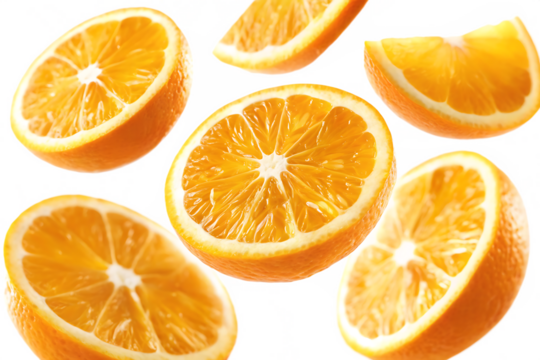 Juicy orange slices falling on white background isolated on a transparent background
