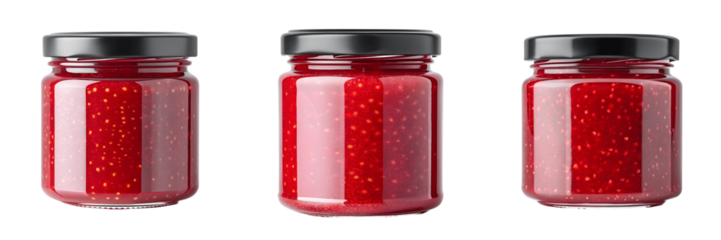 Set For Three jars of fresh strawberry jam isolated on transparent background