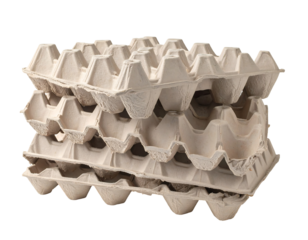 Stack of Used Light Beige Cardboard Egg Cartons on Transparent Background