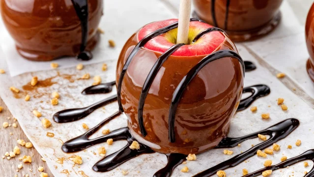 Autumn Harvest Caramel Apple with Wooden Stick Close-Up