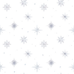 Seamless pattern with snow and snowflakes in different shapes and forms. Christmas and New Year background. Watercolor hand drawn illustration on isolated background. Repeat print for design paper