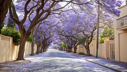 Colorful photograph depicting a picturesque street lined with jacaranda trees in full bloom