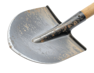 Close Up of a Dirty Shovel with Wooden Handle on Transparent Background
