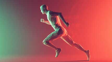 Abstract polygonal runner in vibrant red and green light.