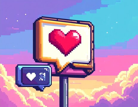 Pixel Art Heart Icons Against a Colorful Sky