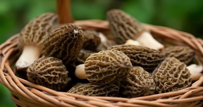 Freshly harvested morel mushrooms in a wicker basket