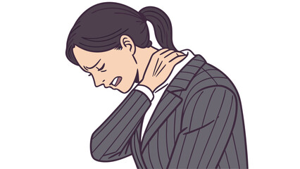Woman with neck pain illustration graphic business office stress fatigue discomfort healthcare medical injury ache pain relief wellbeing symptom posture professional worker employee tired exhaustion .