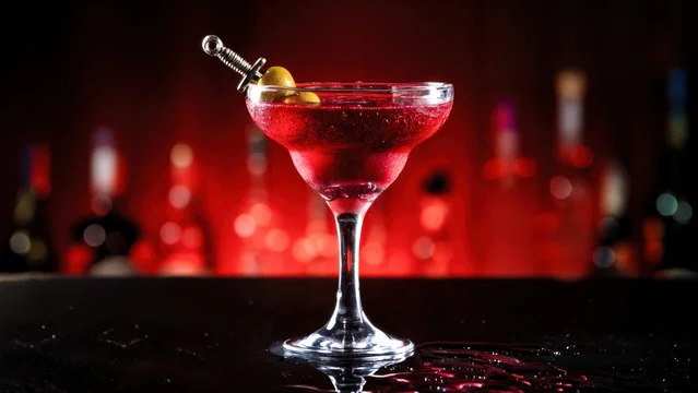 Dark Bar Scene with Bloody Halloween Drink and Glow