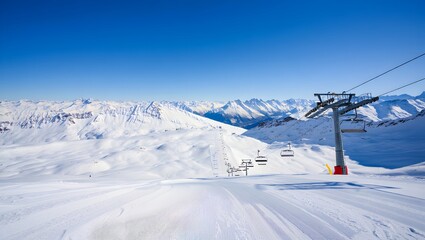 Ski resort with chairlift and snow covered mountains on a bright sunny day view from above