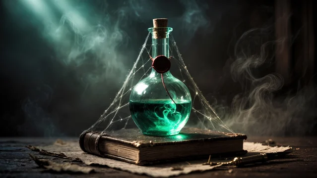 Spooky Halloween Potion Bottle on Old Book with Dark Atmosphere