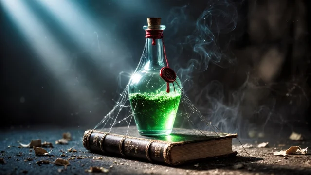 Enchanted Bottle with Wax Stamp Resting on Leather-Bound Book