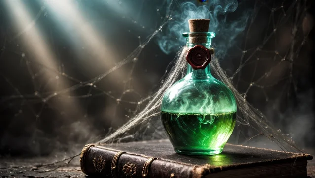 Gothic Potion Bottle with Cobwebs and Cinematic Green Light