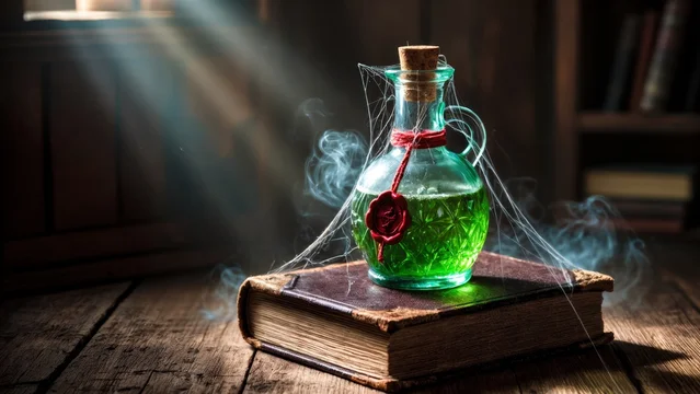 Glowing Apothecary Bottle with Cobwebs in Dark Halloween Setting