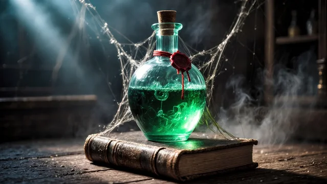 Mystical Green Potion Bottle with Wax Seal on Ancient Book