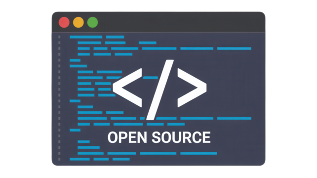Dynamic open source code concept with coding symbols and text, representing innovation and collaborative development for modern technology projects