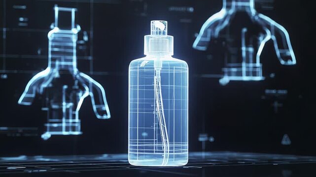 Futuristic dispenser bottle projecting hologram on dark background
