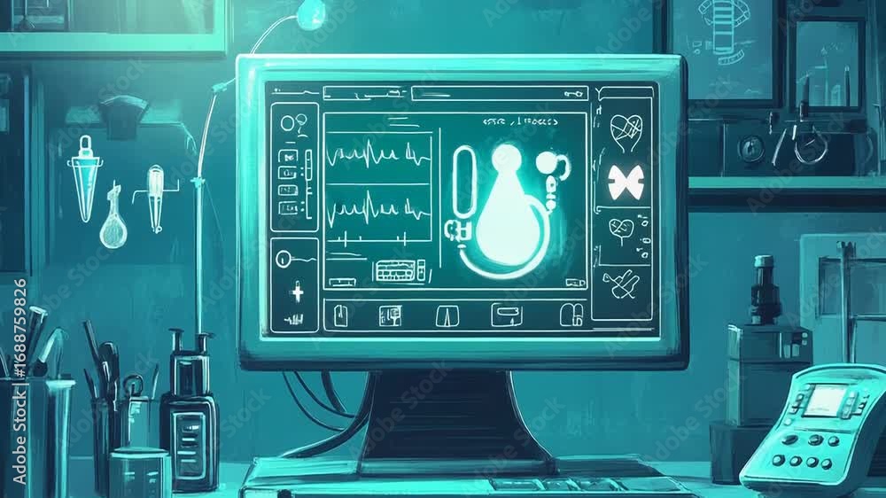 Aufkleber scientist working on futuristic medical research project displaying glowing data on computer screen