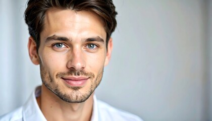 Obraz premium A close-up portrait of a fair-skinned man with light eyes and neatly styled brown hair. He is smiling slightly, appearing to be in a well-lit interio