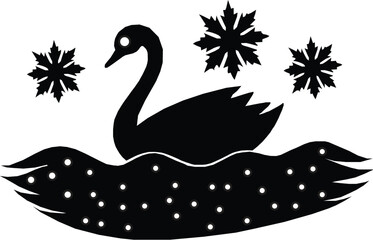 Black duck swimming in water vector illustration for wildlife and nature themed design. with three snowflake brust vector illustration on white background.