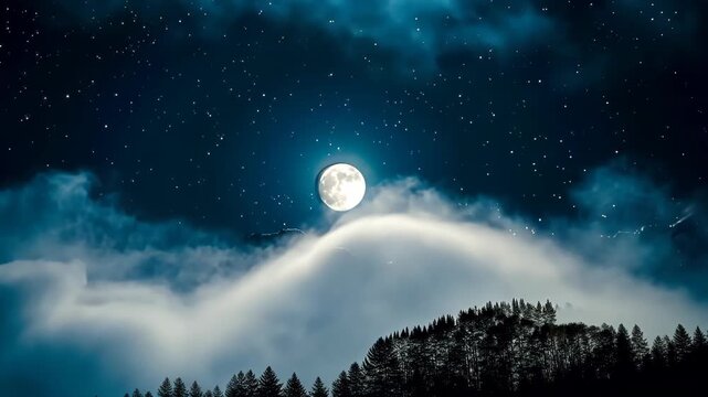 A large moon is shining through the clouds in the night sky. The clouds are thick and dark, creating a moody atmosphere