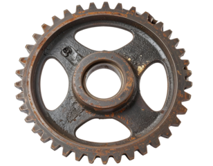 Rusty Metal Gear with Intricate Detail on Transparent Background