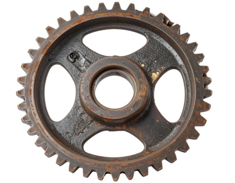 Rusty Metal Gear with Intricate Detail on Transparent Background