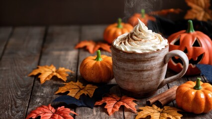 Dark Halloween Atmosphere with Pumpkin Spice Latte and Cinnamon