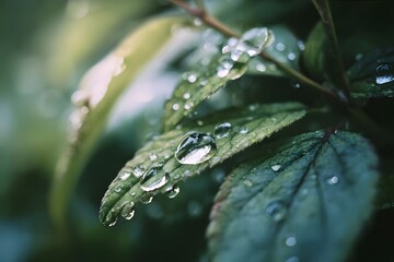 Glistening water droplets on green leaves in natural light.
