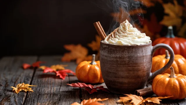 Steaming Autumn Latte with Pumpkins and Leaves on Wooden Table