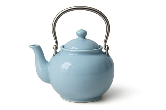Light blue ceramic teapot with metallic handle on transparent background - Powered by Adobe