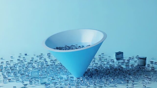 Blue inverted cone collecting disintegrating cubes on light blue background