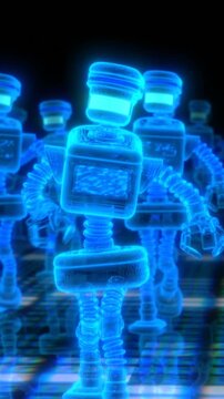 Seamless vertical video animation of a neon army of walking robots . Funny futuristic sci-fi background.