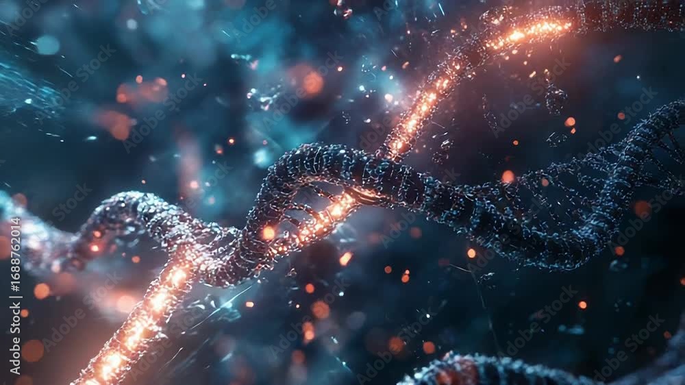 Aufkleber dna double helix rotating with glowing particles