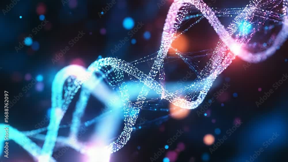 Poster dna double helix rotating with glowing particles in the dark