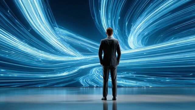 Visionary Vantage Point: An enigmatic figure stands poised, observing a dynamic flow of radiant light, embodying future progress, innovation, and digital transformation. 