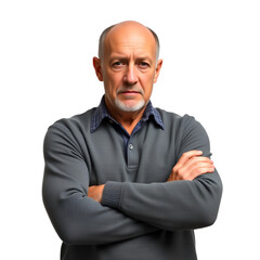 Portrait of old hairless serious man with crossed arms isolated on white background in studio