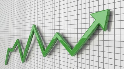Green arrow graph trending upwards on a grid background symbolizing financial growth and success