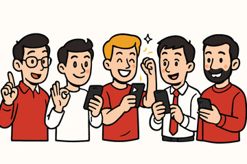 Fototapeta premium Group of men happily using their smartphones isolated on white background