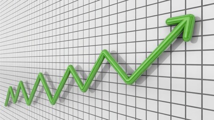 Green upward trending arrow graph showing financial growth and positive economic progress on a grid background