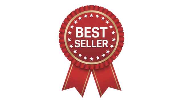 Award-winning red and gold 'Best Seller' rosette with ribbon, symbolizing top achievement, quality, and sales success for marketing campaigns and product recognition.