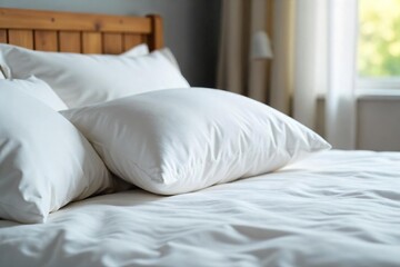 Soft, fluffy white pillow resting on a crisp white linen bedsheet, ready for a peaceful night's sleep  Perfect for relaxation, comfort, and home decor imagery ,  minimalist,  home,  bedroom