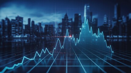 Futuristic financial stock market graph overlayed on a blurred cityscape at night with blue lighting