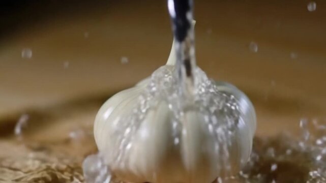 Super slow motion on the garlic pours water on a wooden background. Filmed on a high-speed camera at 1000 fps. High quality FullHD footage