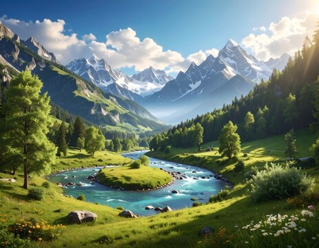 Serene Mountain River Valley Landscape - Powered by Adobe