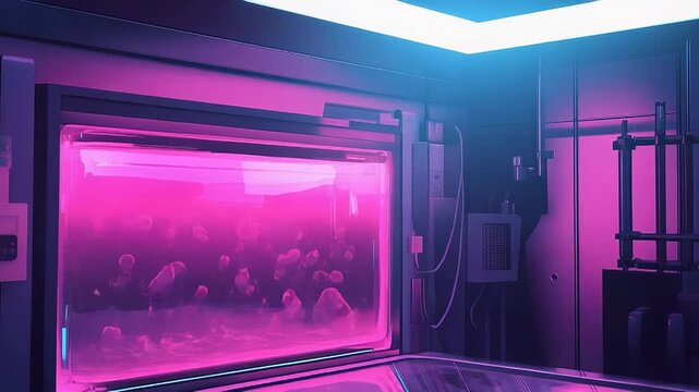Mysterious lab growing glowing substance in futuristic incubator