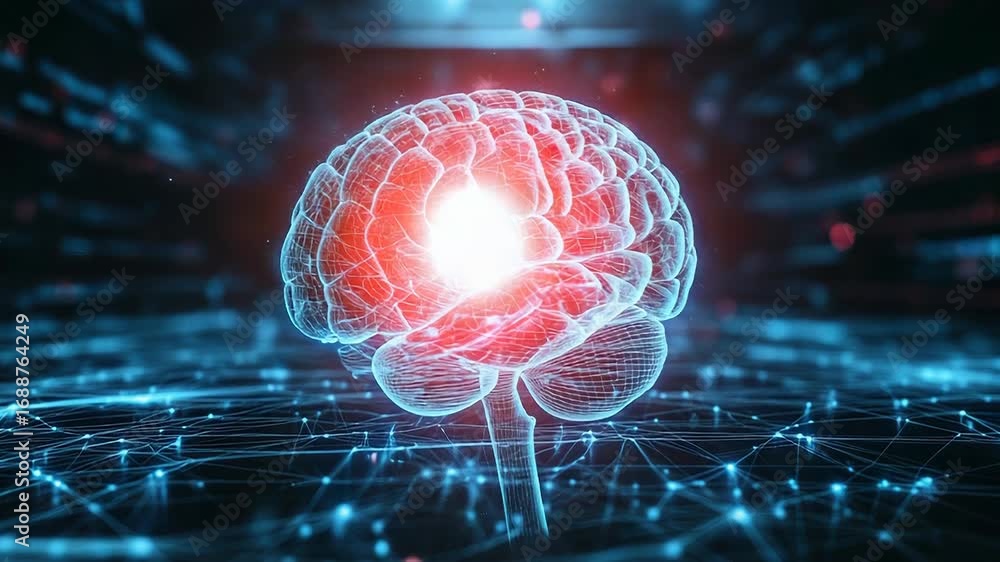Aufkleber artificial intelligence processing data in digital brain with red spot light