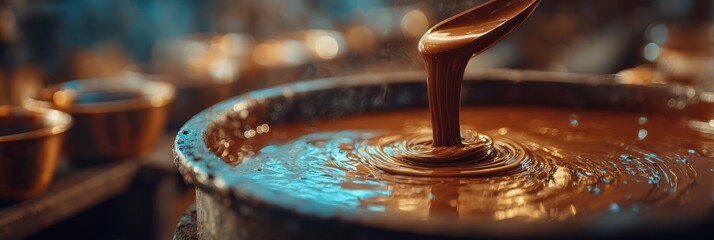 Rich liquid chocolate being stirred in a traditional bowl at a dessert workshop in the early evening